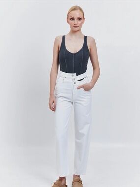 Agolde White High-Rise Straight Leg Broken Waistband Jeans